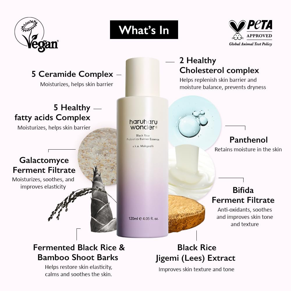 Wonder Black Rice Probiotics Barrier Essence 4.05 Fl. Oz., Essence Toner to Strengthen Skin Barrier with Ceramides, Fermented Ingredients, Soothing, Moisturizing, Plumping, White