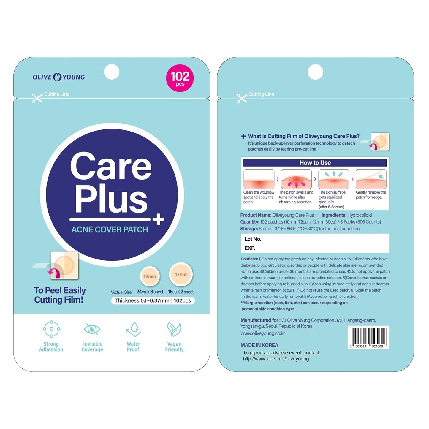 Care plus Spot Patch | Hydrocolloid Acne Korean Spot Patch to Cover Zits, Pimples and Blemishes, for Troubled Skin and Face (Hydrocolloid, 306 Count (Pack of 3))