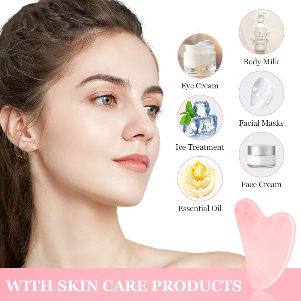 Gua Sha Facial Tools Rose Quartz Guasha Tools for Face & Eye Gua Sha Stone Skin Care Body Tighten Skin Massage Tools for Puffiness Reducing & Jawline Sculpting Face Stone Gua Sha Tools (Pink)