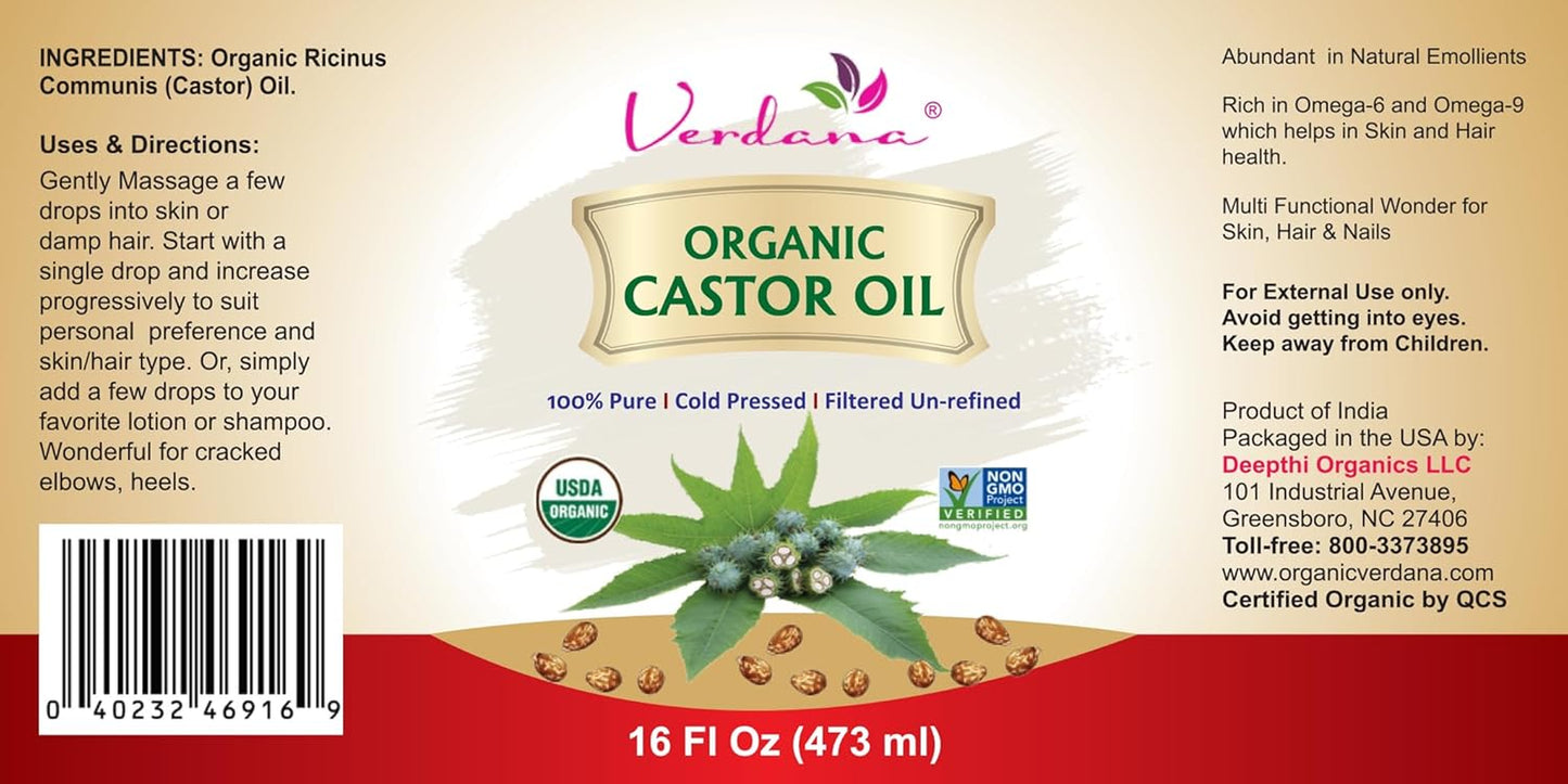 Organic Castor Oil – 16 Fl Oz Size – Cold Pressed, Unrefined, Hexane-Free – USDA Organic – Natural Moisturizer for Hair Growth, Eyelashes, Skin, Scalp & Castor Oil Packs