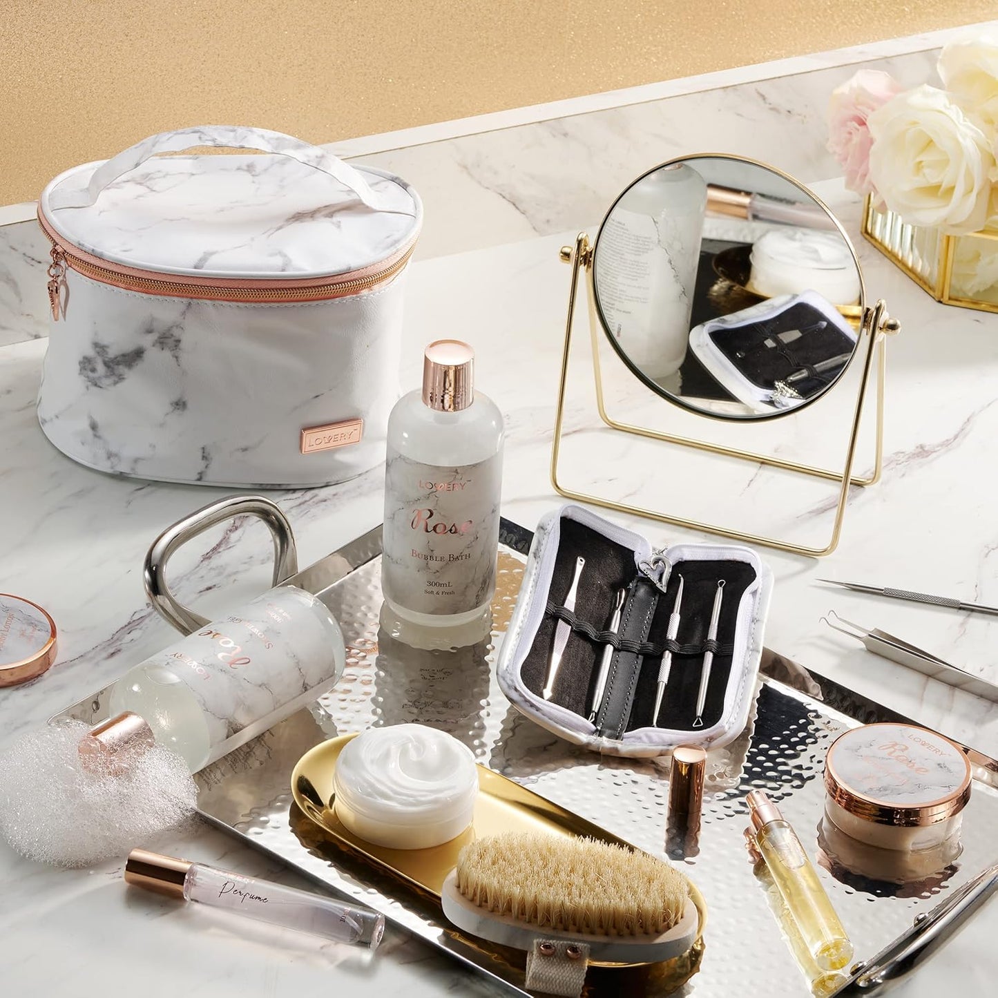 Birthday Gifts for Mom, Daughter Self Care Gifts for Women, Luxe 16Pc Rose Bath and Body Home Spa Set, Relaxation Bath Gift Basket for Birthday Pampering with Perfumes, Acne Kit, Lotions & More